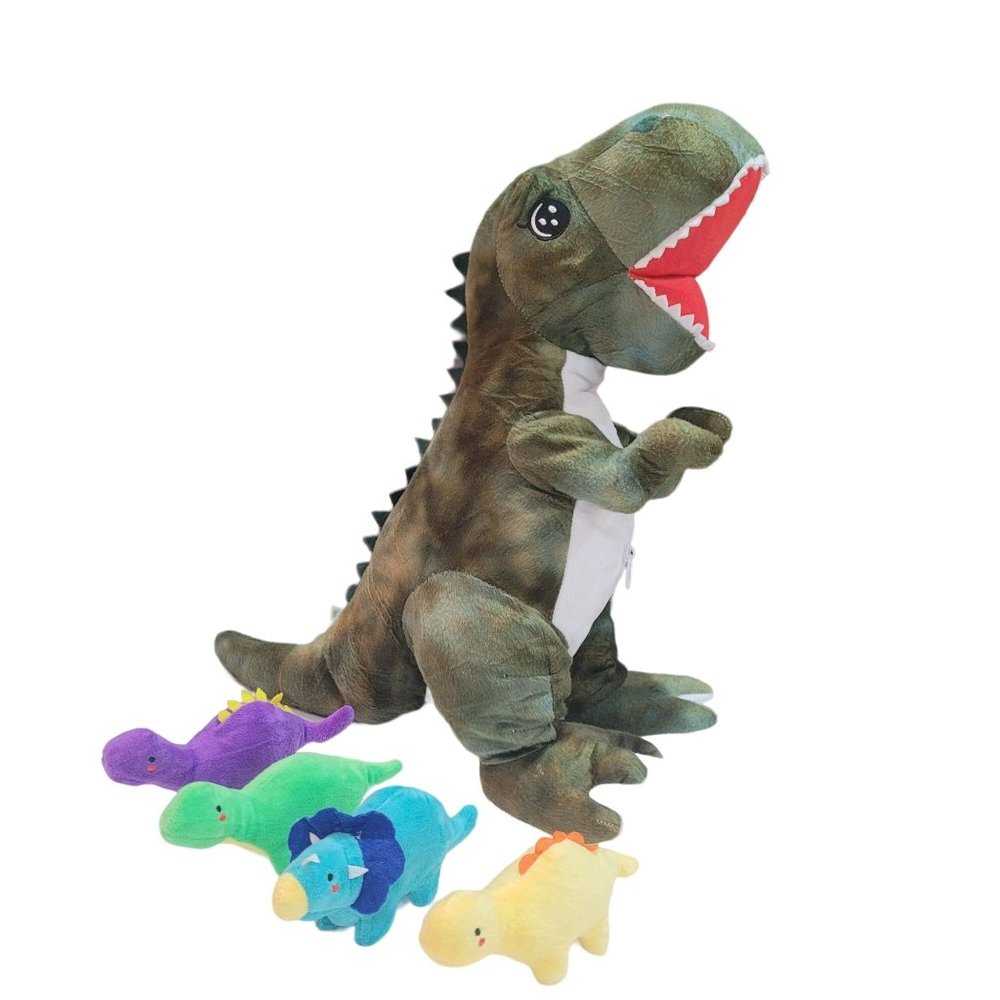 T Rex Dinosaur Plush Toy Mother With 4 T Rex Dinosaur Babies Zippered Pouch EUC